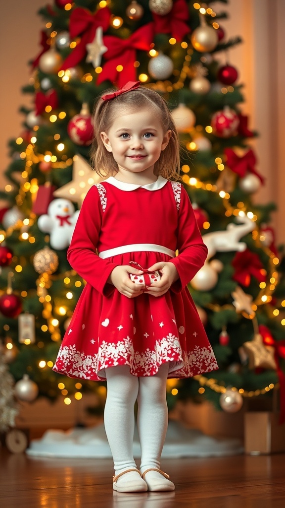 A happy child in a red Christmas dress in front of a Christmas tree.